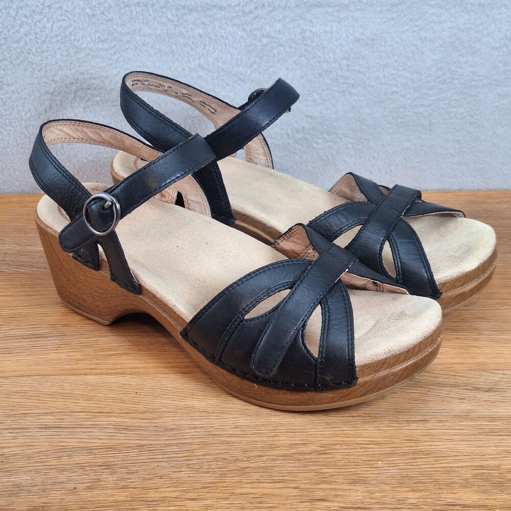 Dansko Season Women's 7.5 EU 38 Strappy Wedge Sandals Black Leather Arch Support
